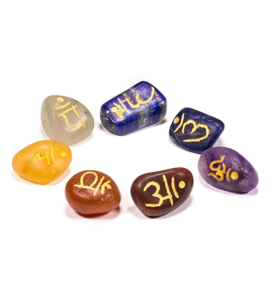 7 chakra gem stones with Sankrit symbols