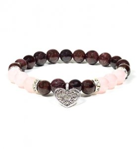 Garnet & Rose Quartz Bracelet – with Heart Charm, Unisex