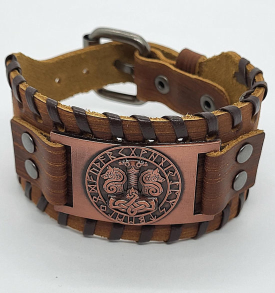Leather bracelet Thors hammer with wolves and runes