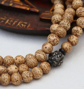 Lotus seed mala with Tibetan mantra beads