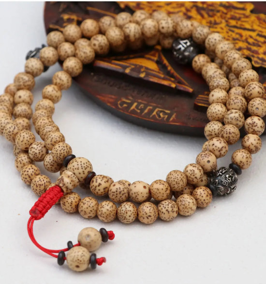 Lotus seed mala with Tibetan mantra beads