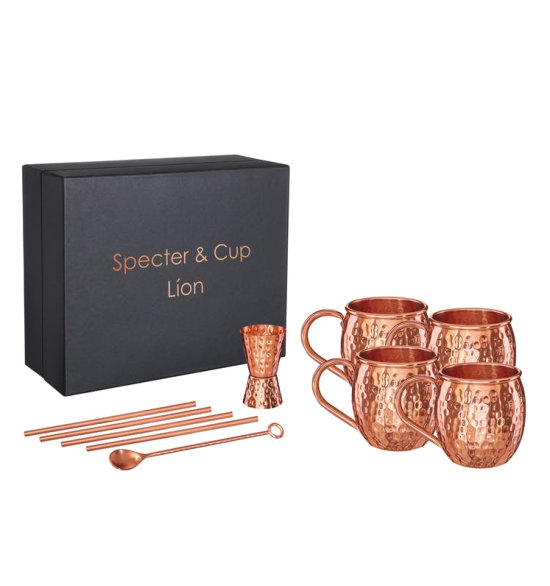 Moscow mule premium set Lion (4 copper cups, straws & measuring cup)