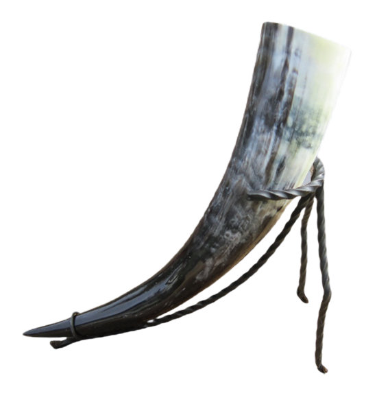 Natural drinking horn 0.5 liter with wrought iron holder