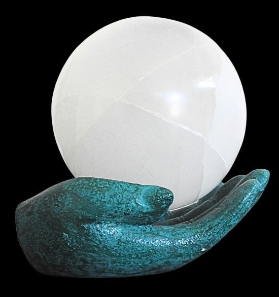 Polished Selenite Globe 12 cm with Mother Earth holder