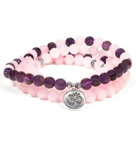 Rose Quartz & Amethyst Mala – 108 Beads with Ohm Symbol