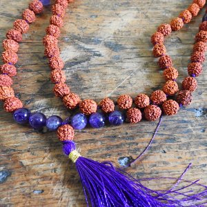 Rudraksha and Amethyst Mala with Purple Tassel (108 Beads)