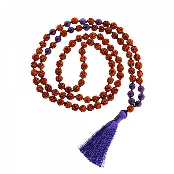 Rudraksha and Amethyst Mala with Purple Tassel (108 Beads)