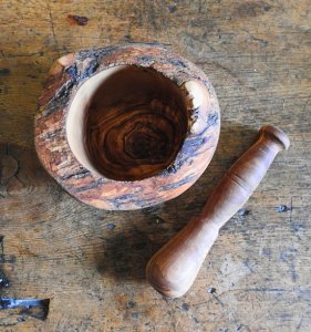 Rustic Olive Wood Mortar & Pestle (Handcrafted with Bark)