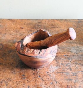 Rustic Olive Wood Mortar & Pestle (Handcrafted with Bark)
