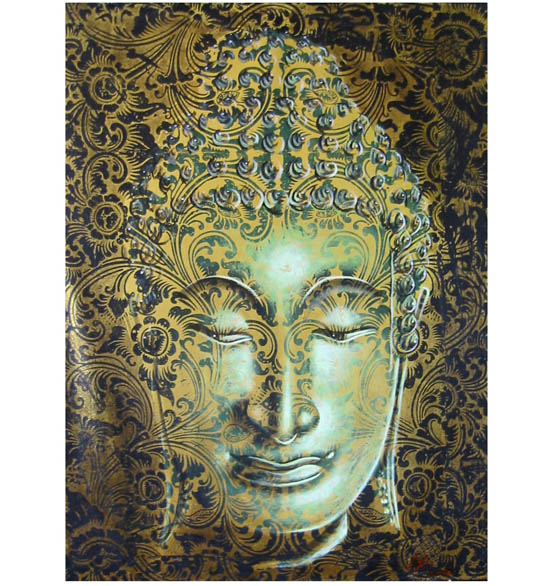 Schilderij Boeddha hoofd (paisley groen)