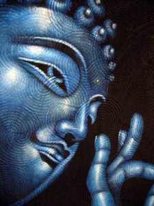 Schilderij Boeddha Prithvi mudra blauw