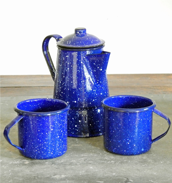 Vintage look coffee pot & 2 mugs in blue enamel